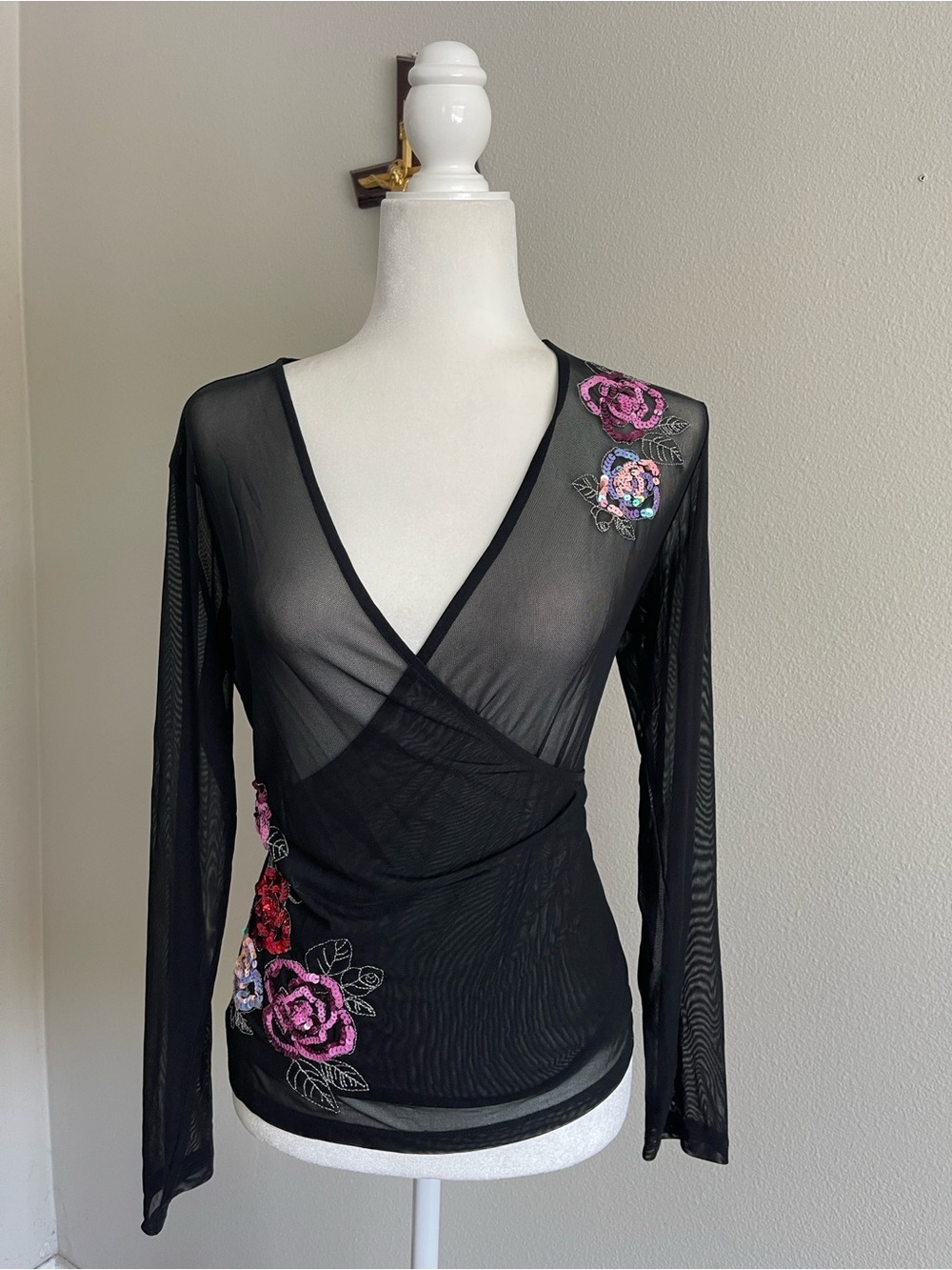 New York & Company Black Sheer Wrap-Style Floral Applique Top